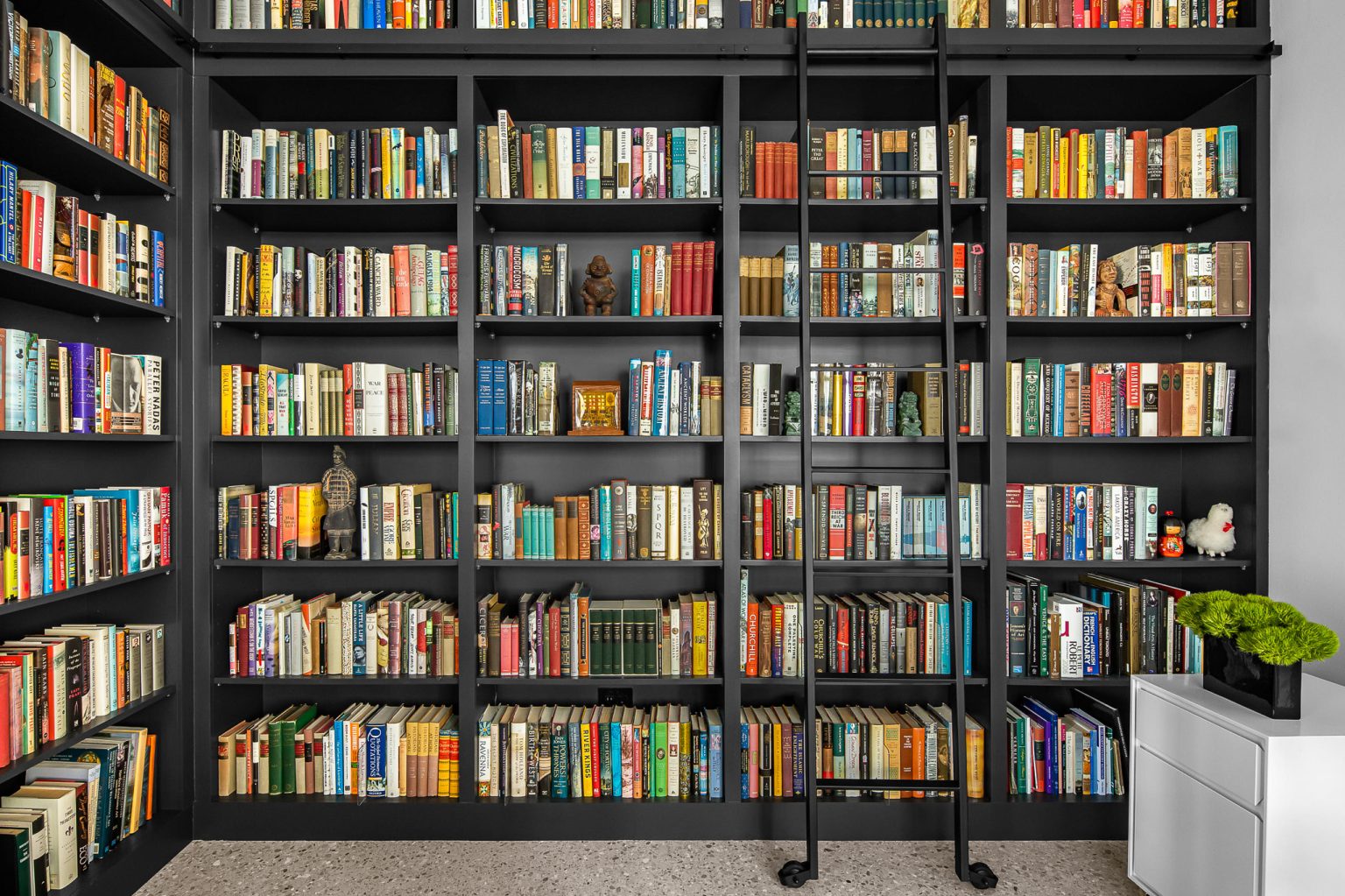 Custom black library shelving with hook-on ladder and books floor to ceiling
