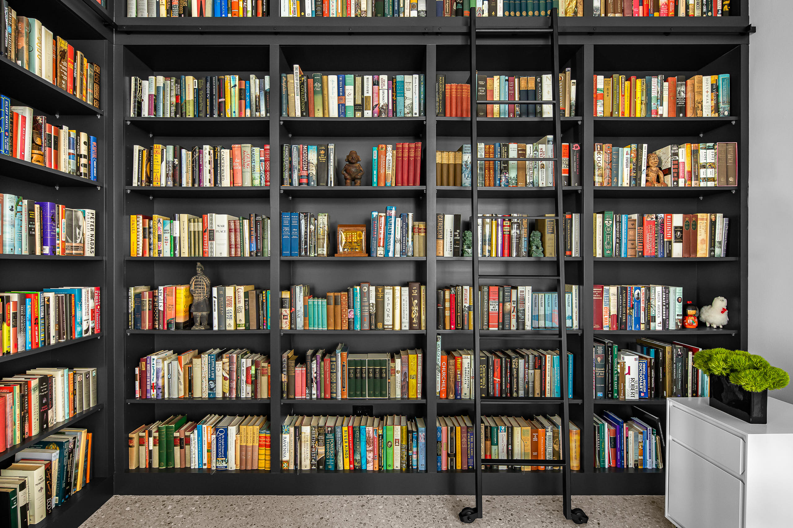Custom black library shelving with hook-on ladder and books floor to ceiling