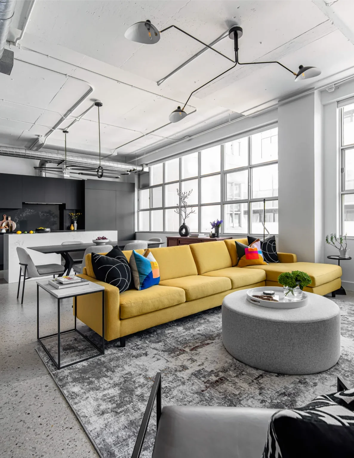 Large warehouse style windows with natural light in loft