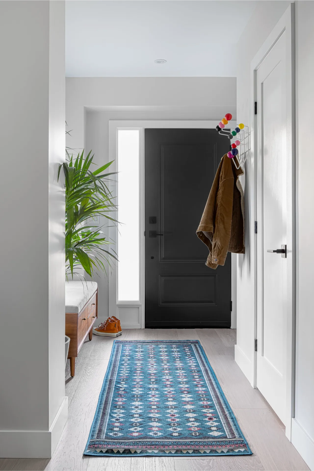 Modern entryway with a black door, blue patterned runner rug, and colourful Eames Hang it All Rack