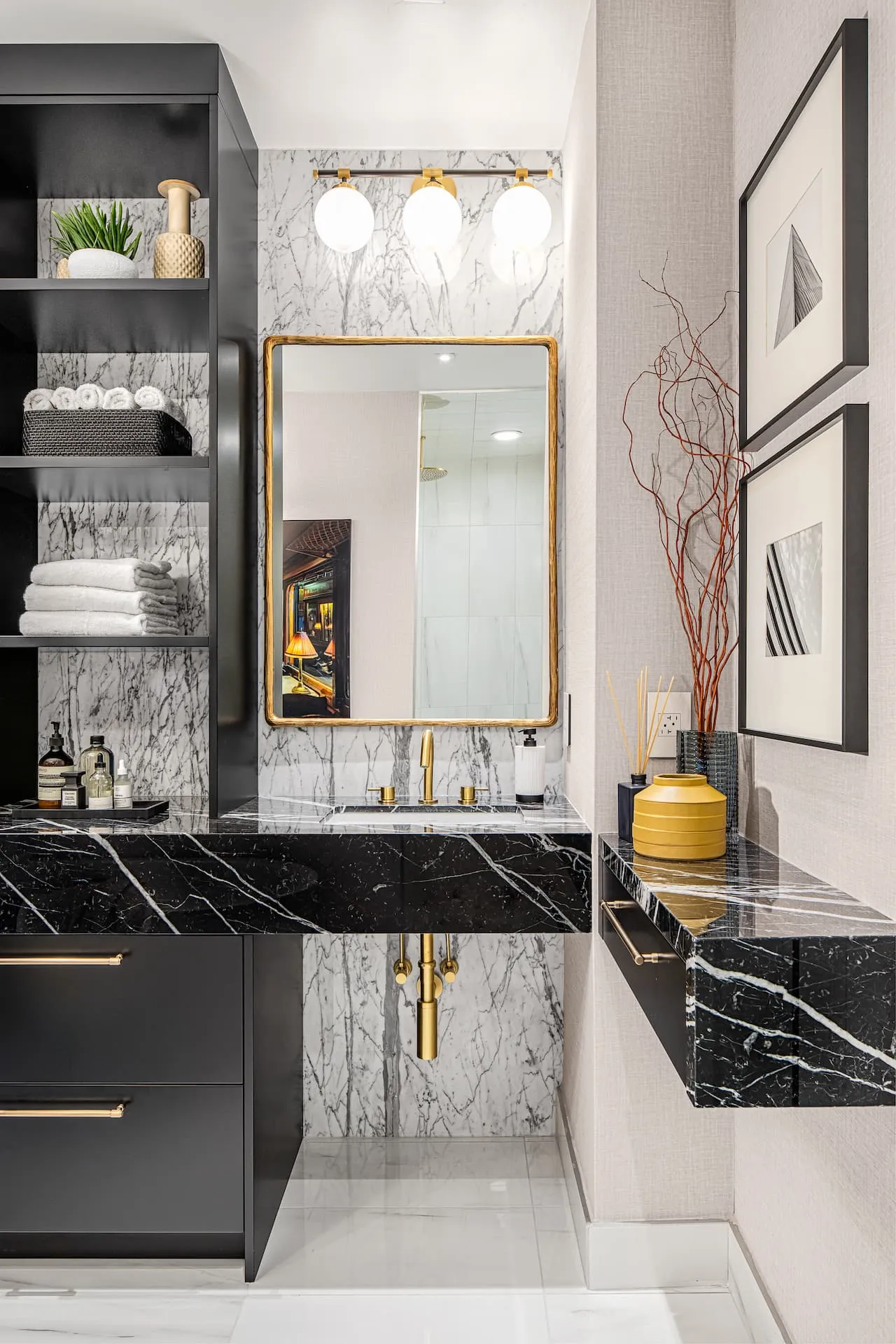 View from a luxurious spa ensuite into a space with textured red wallpaper