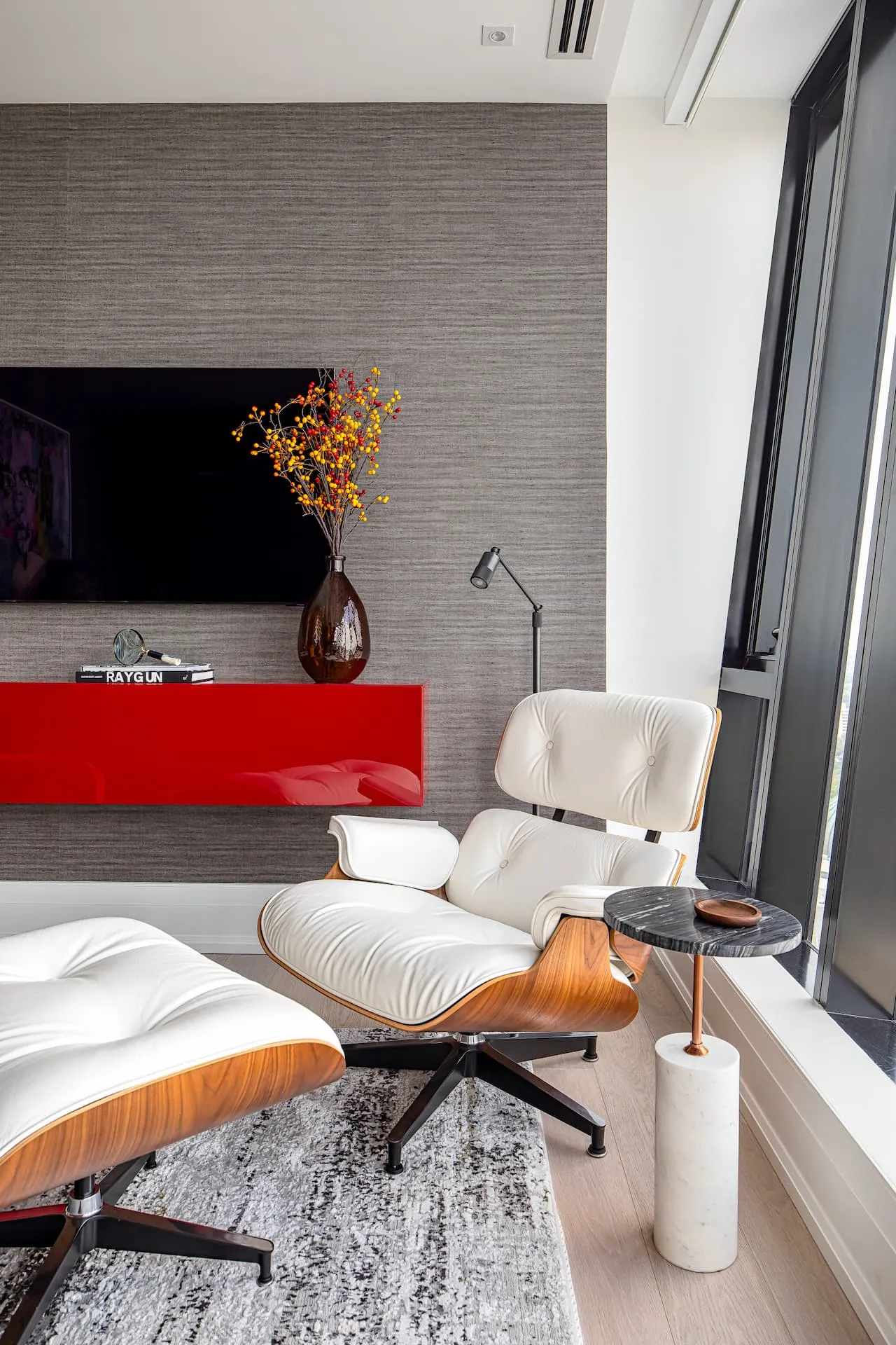 Low profile 10 foot long media unit with storage