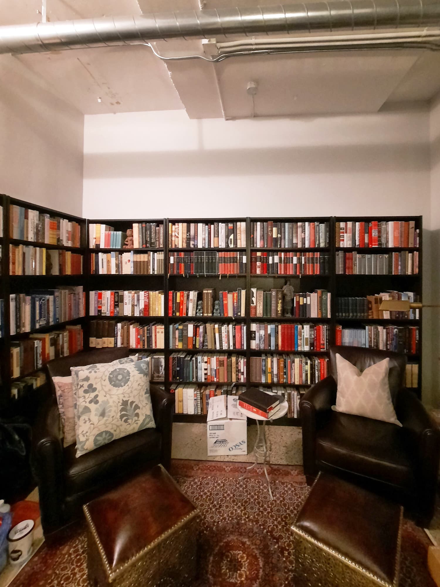 Dark den before renovation with freestanding shelves and dropped soffit
