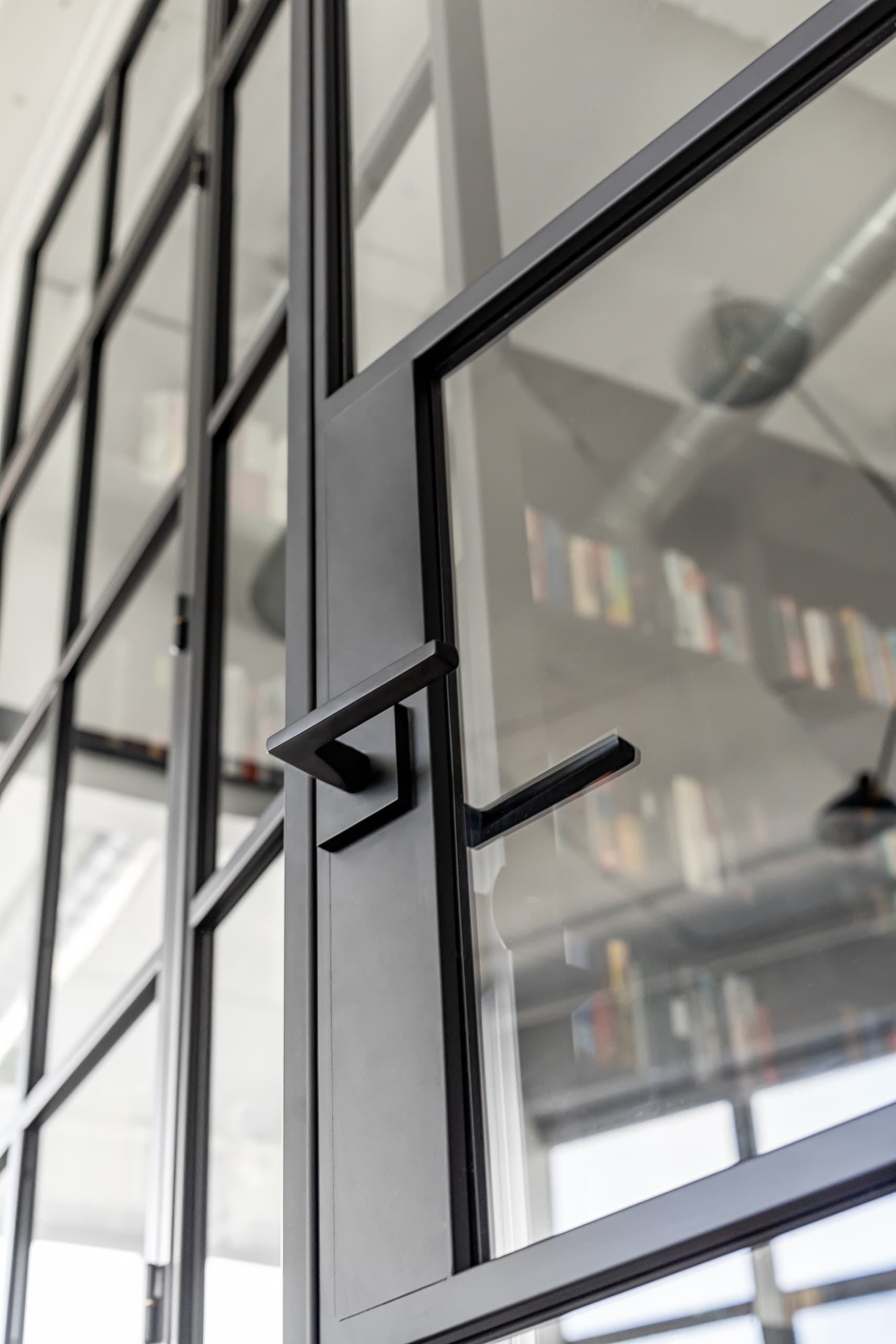 Custom library seen through the open steel and glass doors from the living area