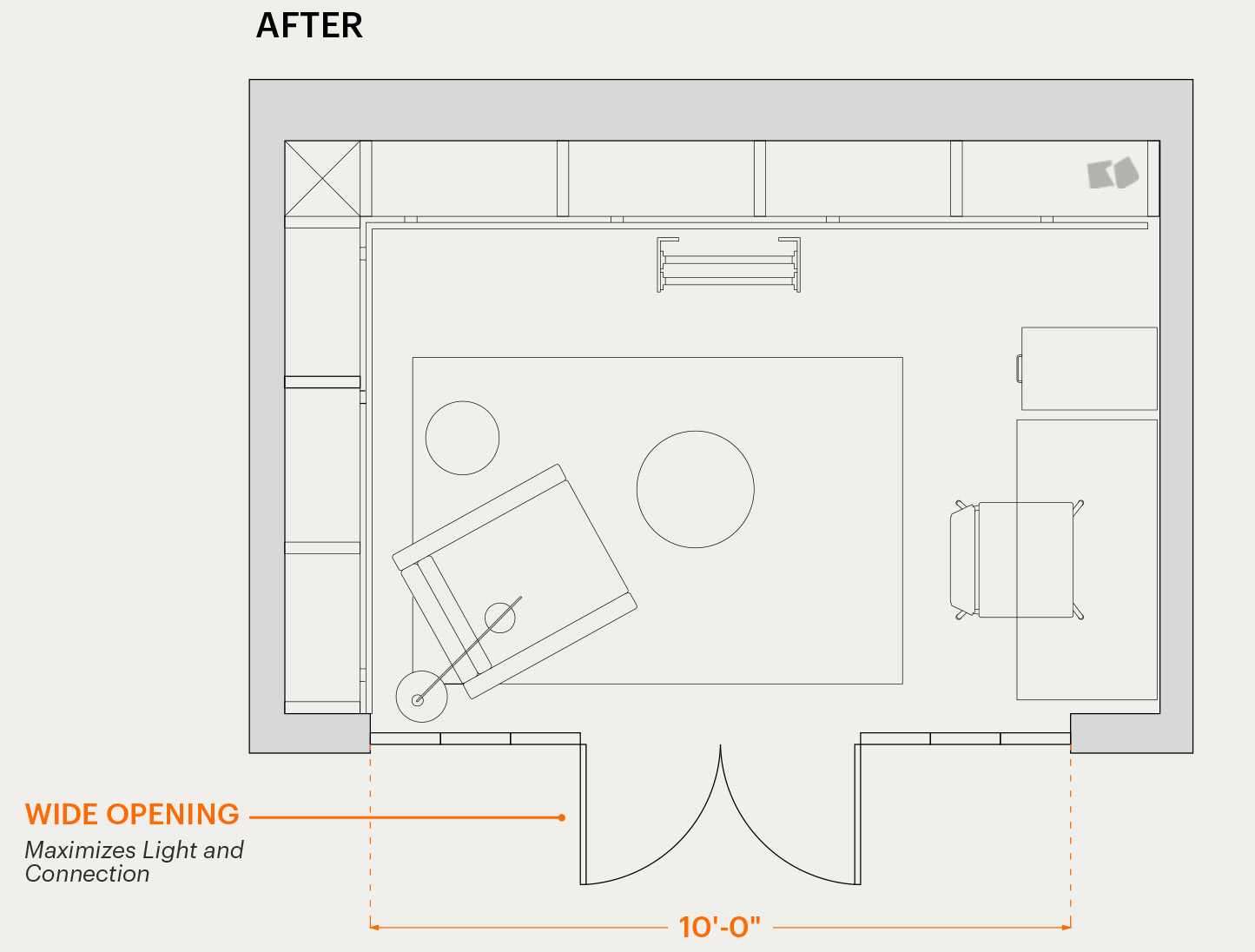 Floorplan of the den after renovation with full-width glass opening