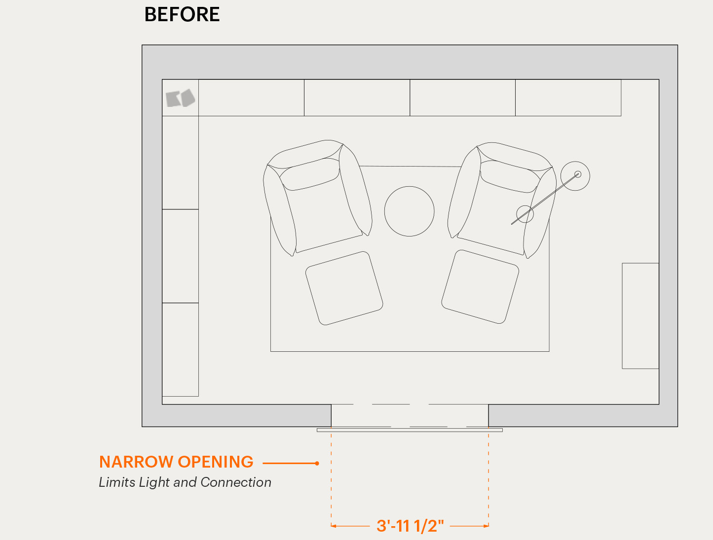 Floorplan of the den before renovation with narrow door opening