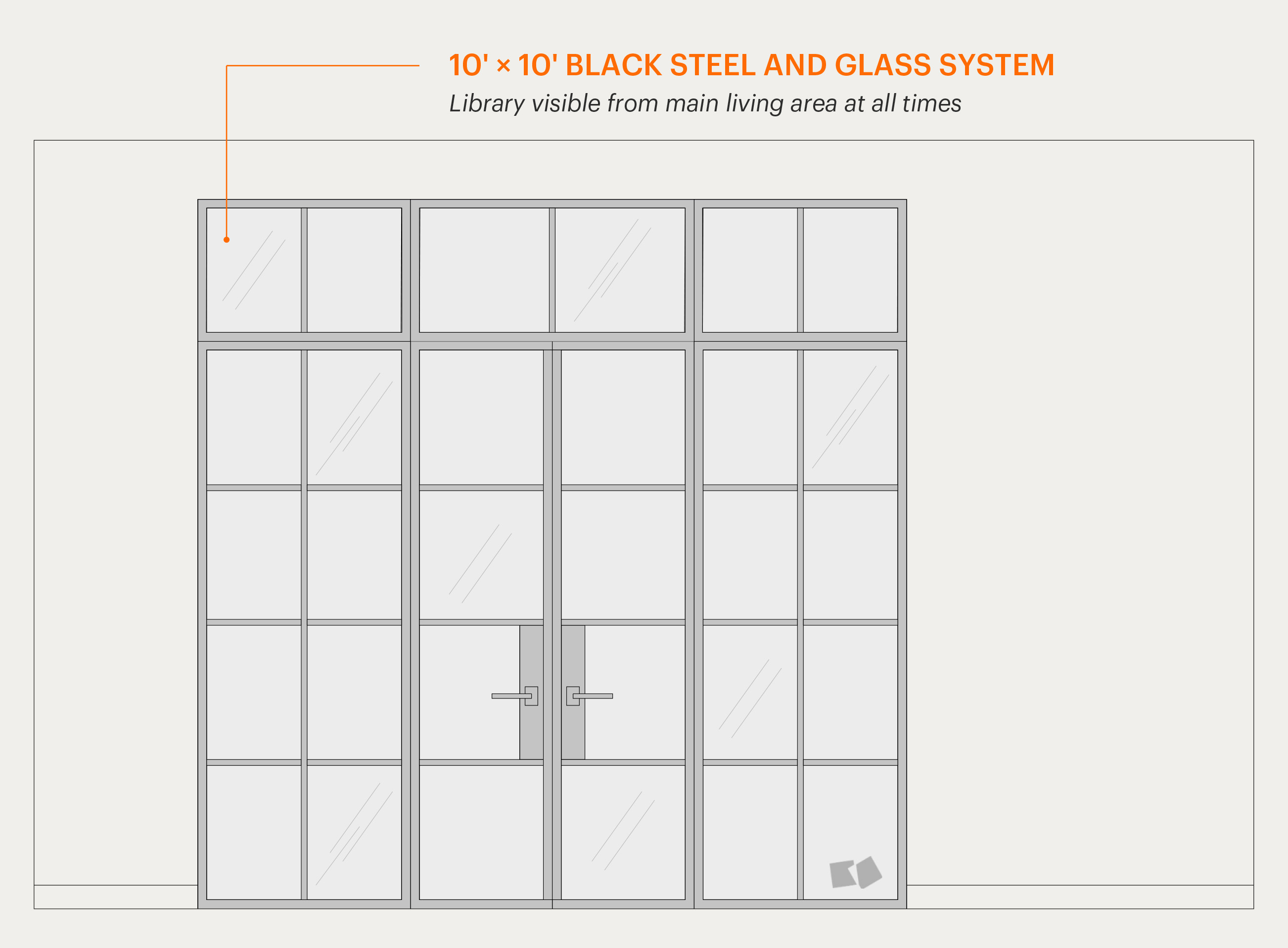 Closed black steel and glass doors separating the library from the living area
