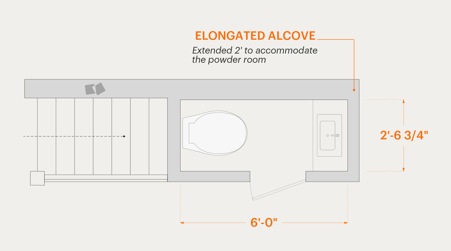 Floor plan of a 10 square foot powder room fitted into a staircase alcove